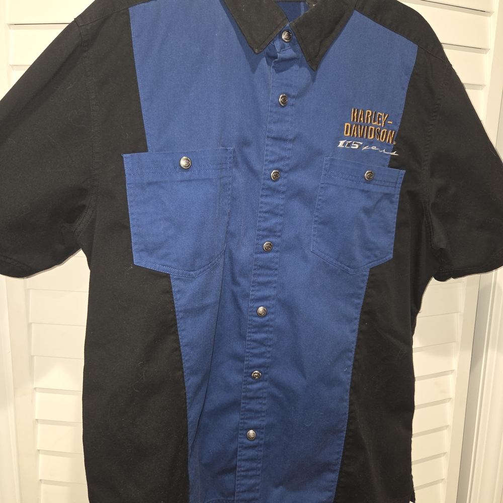 Harley-Davidson Blue and Black Shirt with Gold Accents